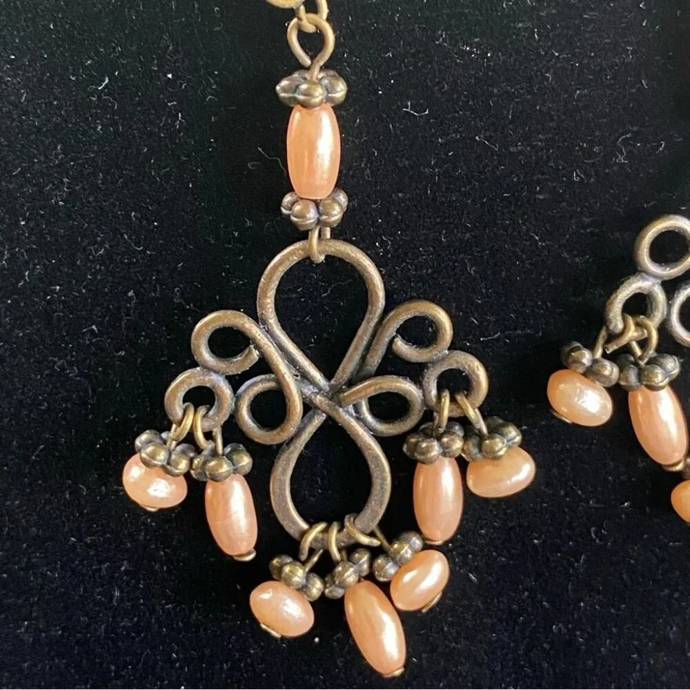 Peach  Colored Ornate Antiqued Chandelier Looking Dangle Earrings - Picture 5 of 5